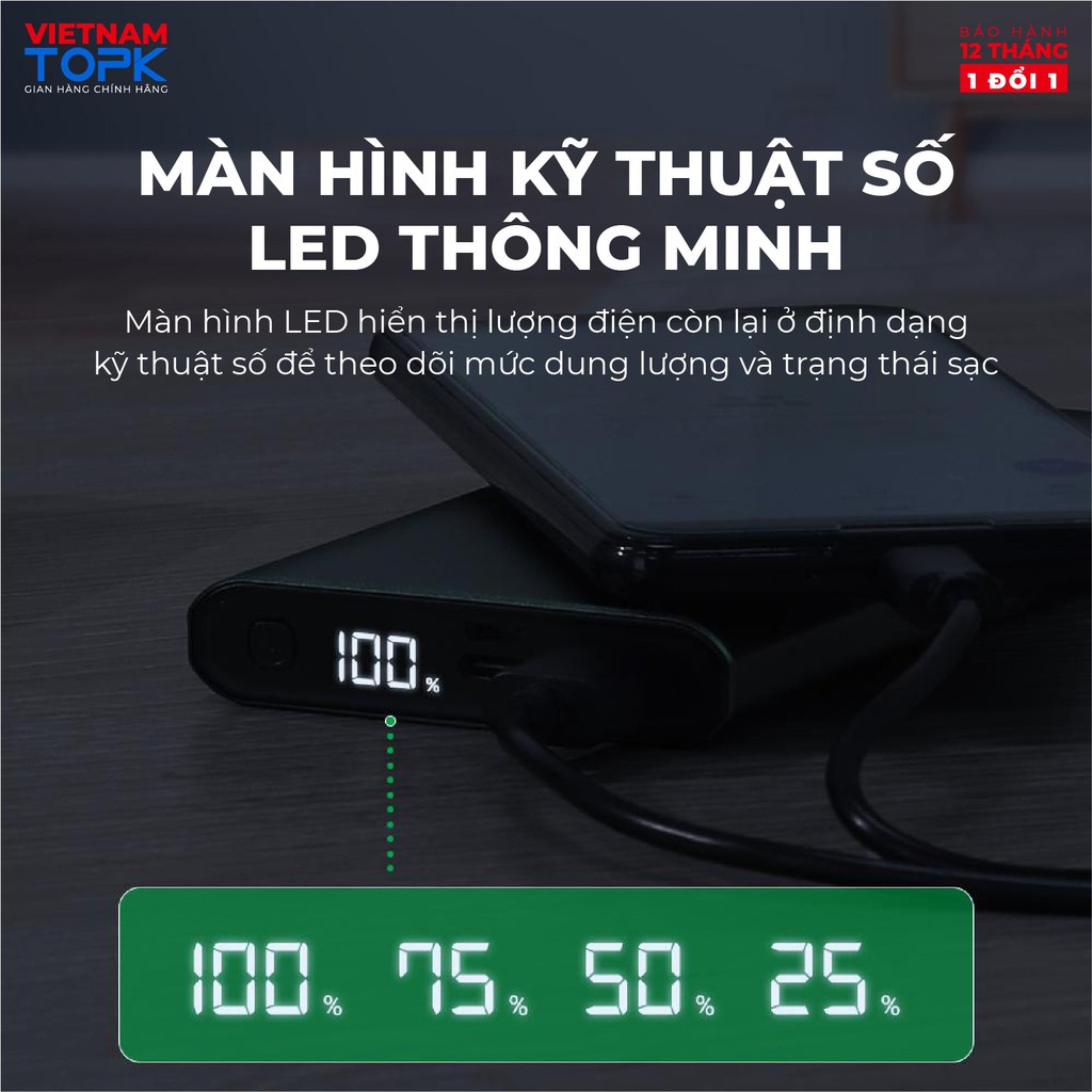 Sạc dự phòng 10000mAh TOPK I1006 - Đầu ra USB sạc ổn định - Màn hình LED - Hàng chính hãng Bảo hành 12 tháng 1 đổi 1