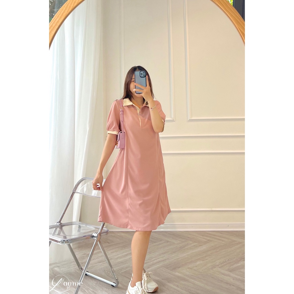 [NEW ARRIVIAL] Đầm bầu đẹp dáng suông TIXI DRESS, váy bầu cổ polo phối be, chất nỉ tổ ong co dãn 4 chiều thiết kế bới L'