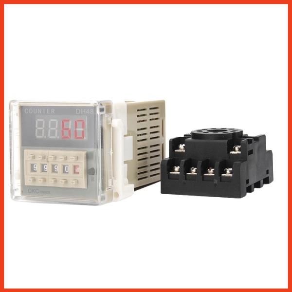 Bộ đếm 4 số tự động DH48J-08, DH48J-11, digital counter chân tròn điện áp 220VAC kèm chân đế PF083A,  PF113