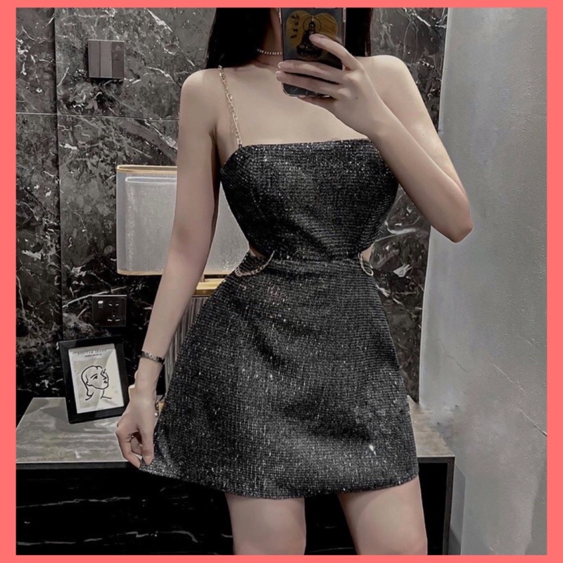 Váy hai dây xích cup ngực nhũ Bling🌟 Đầm cut eo sexy dáng ngắn đi tiệc