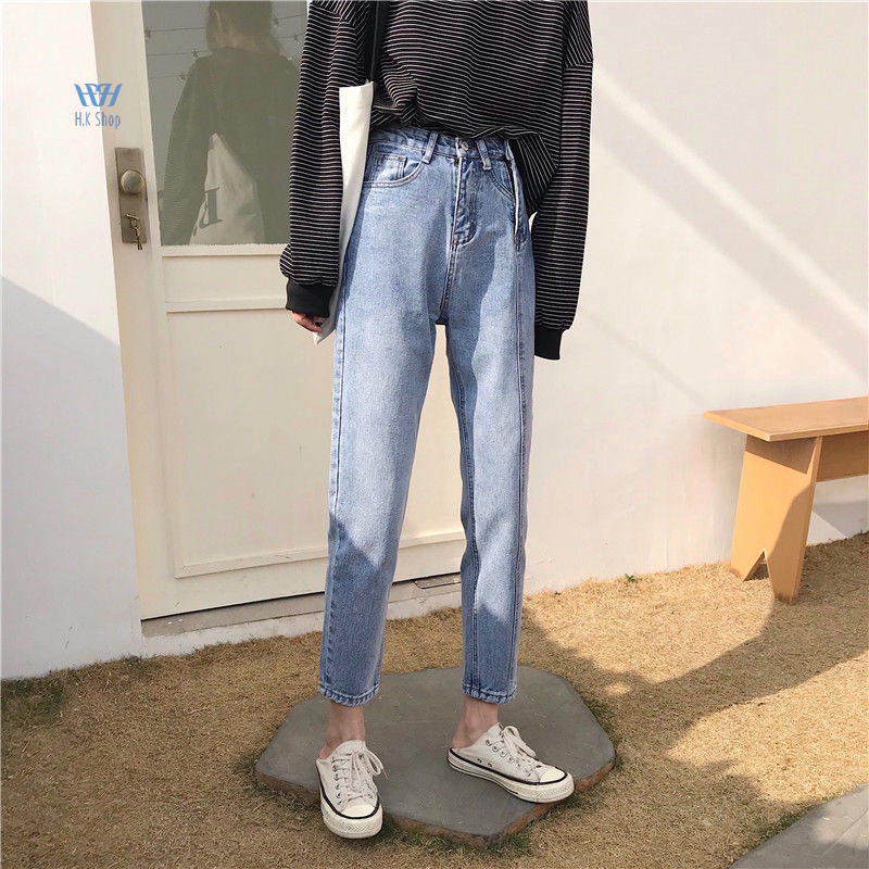 Quần jeans nữ lưng cao sọc dọc phong cách Hàn Quốc