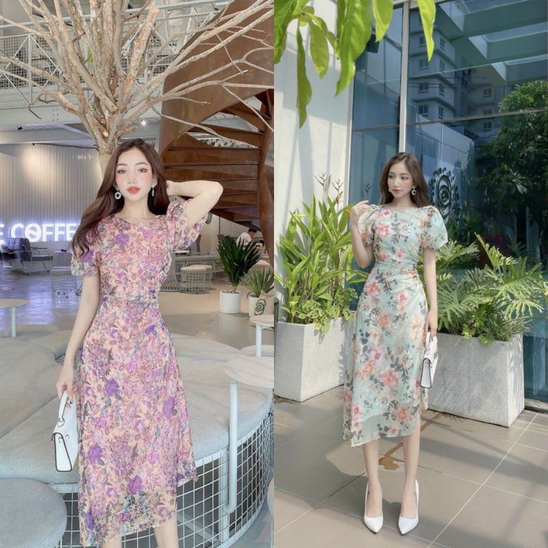 Y HÌNH - ĐẦM MIDI XẾP LY EO TAY BỒNG