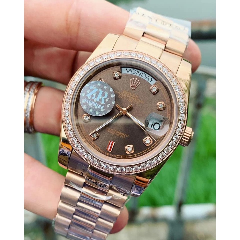 Đồng hồ Nam Rolex máy nhật day date dòng cơ Automatic size 38mm vàng hồng vành đá