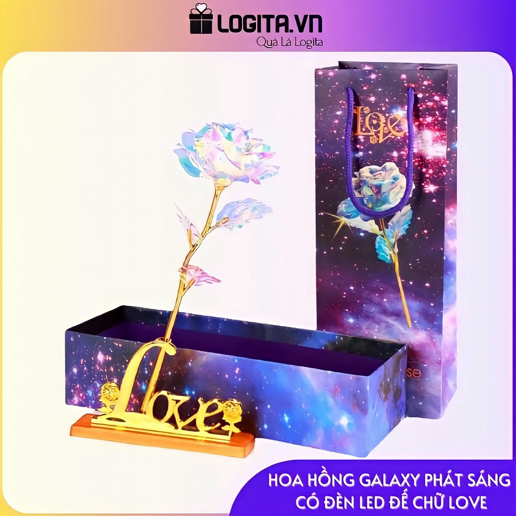 Quà 8/3 Cho Bạn Gái, Cho Mẹ, Cho Vợ Ý Nghĩa - Bông Hồng Galaxy Phát Sáng Đế Chữ Love