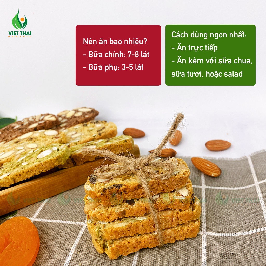 Bánh Biscotti Matcha ăn kiêng, giảm cân heathly 100% nguyên cám, siêu hạt ăn sáng dinh dưỡng Việt Thái Organic