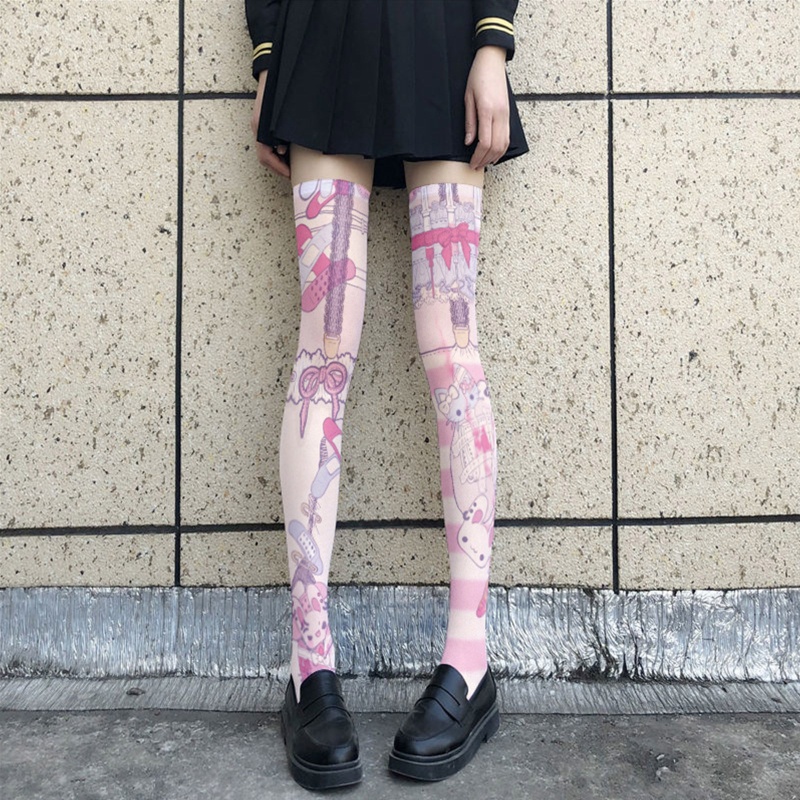 Tất Cao Ngang Đùi In Họa Tiết Hoạt Hình Phong Cách Lolita Nhật Bản Dễ Thương Cho Nữ