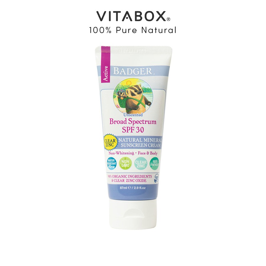 Kem chống nắng vật lý BADGER SPF 30 Clear Sunscreen - phổ rộng không mùi được chứng nhận hữu cơ NSF