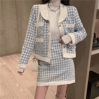 Set tweed xanh 3 món thần thánh áo cổ lọ phối áo khoác và váy ngắn (có hình thật)