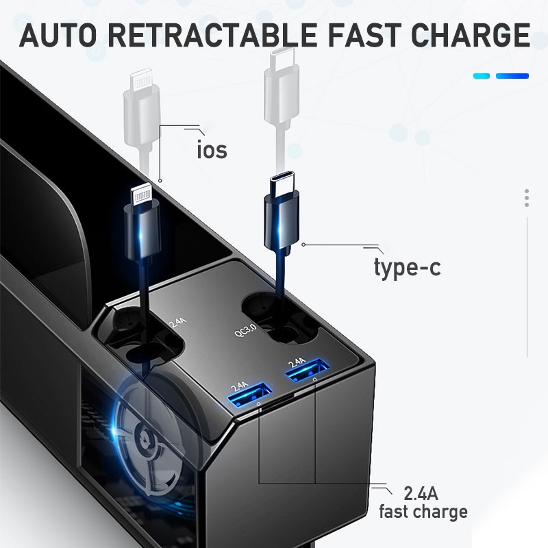 Tẩu sạc nhanh ô tô chia Khay đựng đồ cho xe ô tô Hộp Lưu Trữ Có Cáp Sạc Cổng USB Kép Cho IOS/Android/Type C Cổng USB Kép Khay đựng đồ đa năng