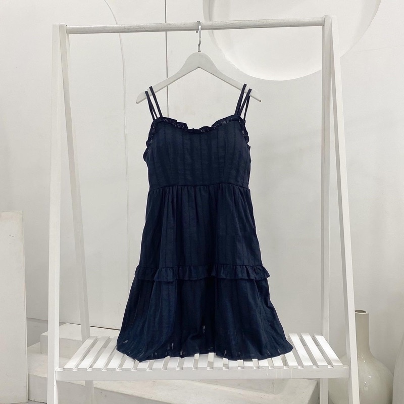 CINY DRESS - ĐẦM 2 DÂY XANH NAVY PHỐI BÈO