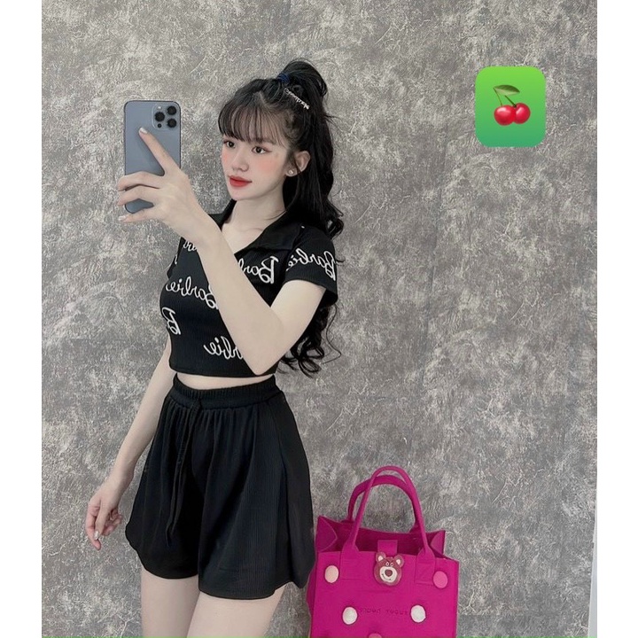 Set áo croptop tay ngắn cổ bẻ quần đùi xòe trơn chữ babie cute hot