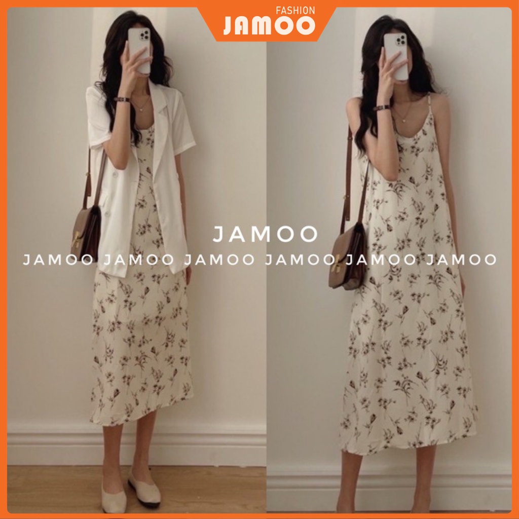 Váy hai dây hoa cỏ vintage _ Đầm 2 dây dáng dài qua gối Jamoo( hình video thật)