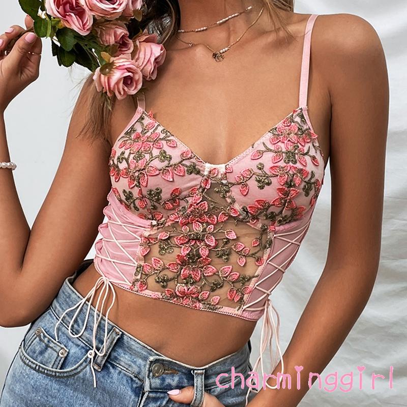Áo Croptop Hai Dây Cổ Chữ V Thêu Hoa Dáng Ôm Thời Trang Cho Nữ