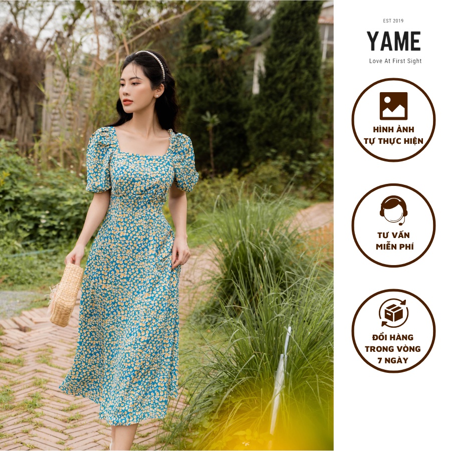 Váy đầm hoa nữ ngắn tay dáng dài cổ vuông màu xanh hoa vàng chất tằm cao cấp YAME