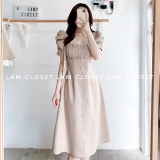 Đầm cổ vuông đỏ trắng nude
