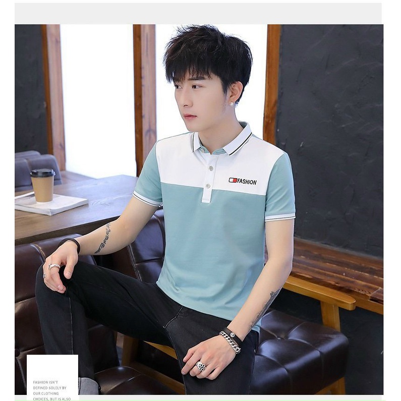 Áo thun nam có cổ tay ngắn xanh trắng đẹp vải cotton mềm mát giá rẻ cạnh tranh