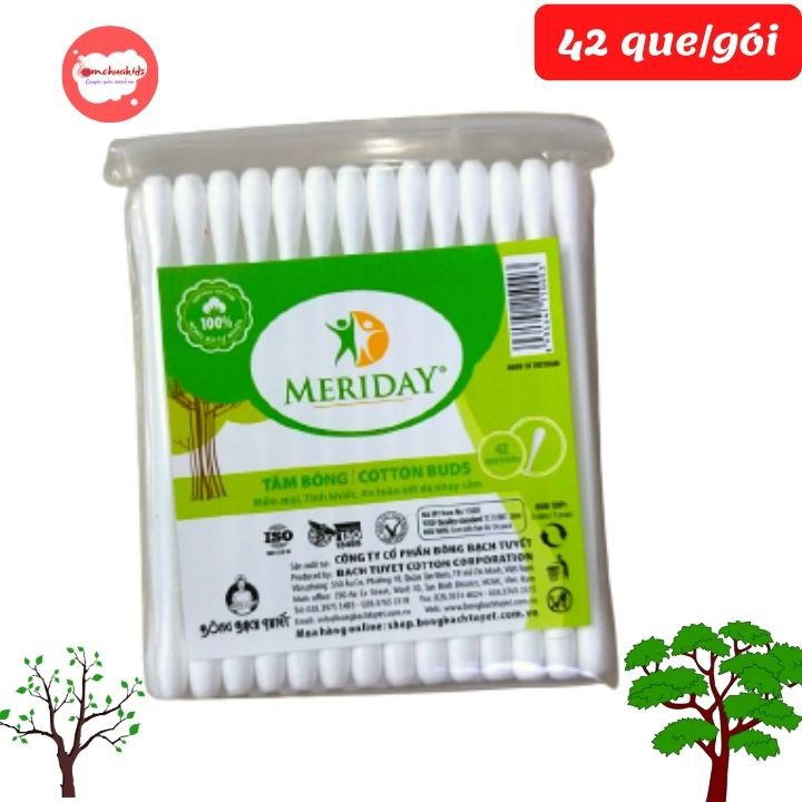 Tăm bông sinh tai Meriday bông bạch tuyết người lớn 42 que - Tomchuakids