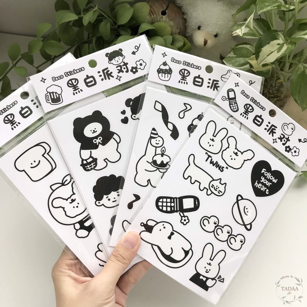 Set 4 sticker trắng đen hình thỏ gấu cún ngộ nghĩnh cute bằng nhựa PET không thấm nước trang trí sổ tay, bình nước, DIY