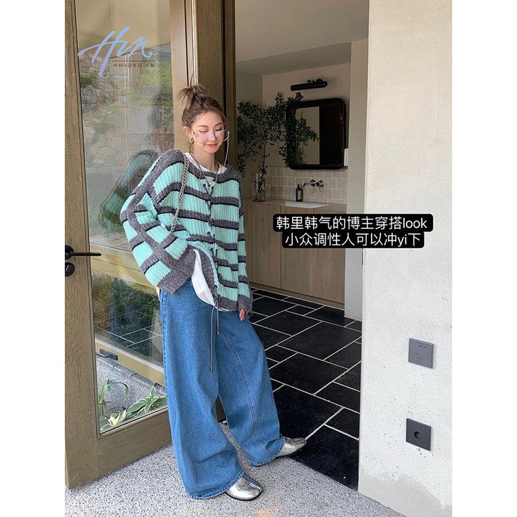 Áo Sweater Dệt Kim Kẻ Sọc Dáng Rộng Thời Trang Mùa Thu Cho Nữ