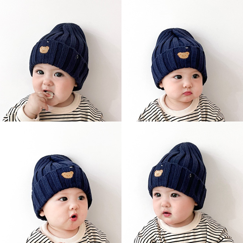 Mũ Beanie Dệt Kim Thêu Hình Gấu Dễ Thương Cho Bé