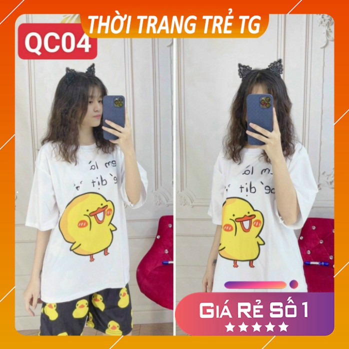 Đồ bộ hoạt hình 💕𝑭𝒓𝒆𝒆𝒔𝒉𝒊𝒑💕 Set đồ nữ QC04 Vịt Vàng Set bộ Quần Đùi + ÁO cartoon 3D Cute Form Rộng Cực Thoáng M