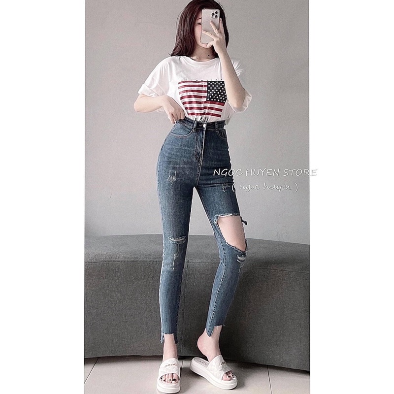 ( Mã 3106 ) Quần jeans giãn ôm lưng cao rách gấu mẫu mới siêu hot