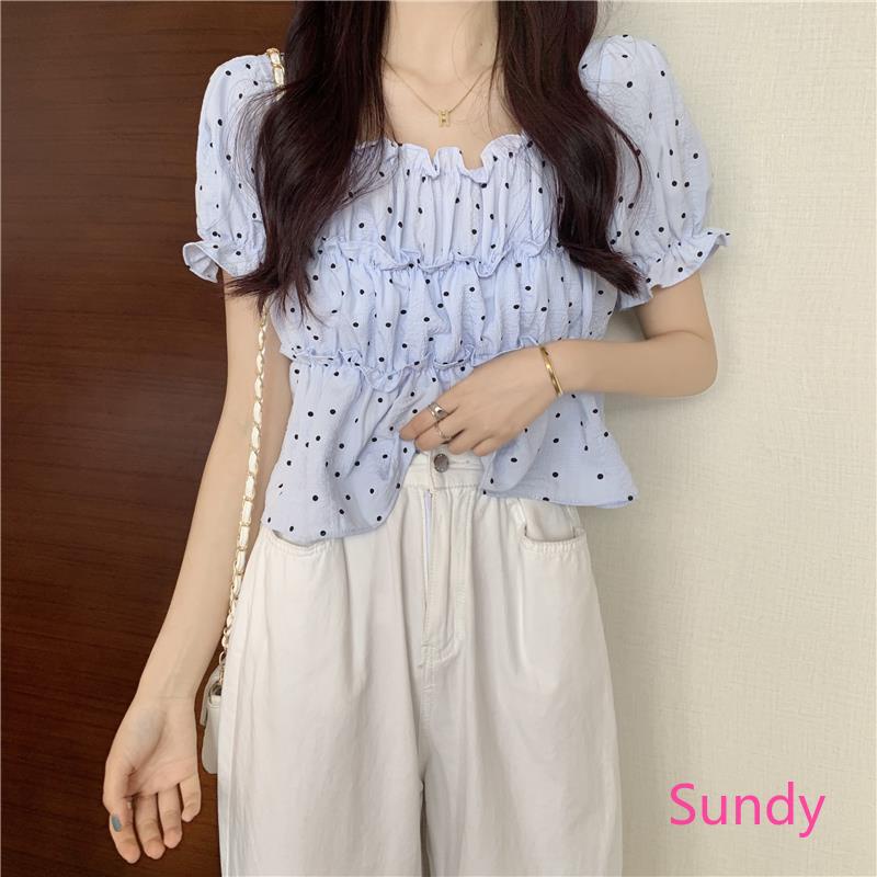 Áo Sơ Mi Tay Ngắn Họa Tiết Chấm Bi Phong Cách Hàn Quốc Cho Bé Gái