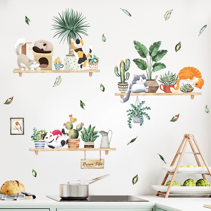 Decal dán tường chậu cây xương rồng và mèo xinh