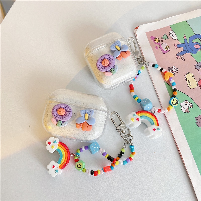 Vỏ Bảo Vệ Hộp Sạc Tai Nghe bluetooth Airpods 1/2 / Pro Hình Cầu Vồng Dễ Thương Kèm Dây Đeo