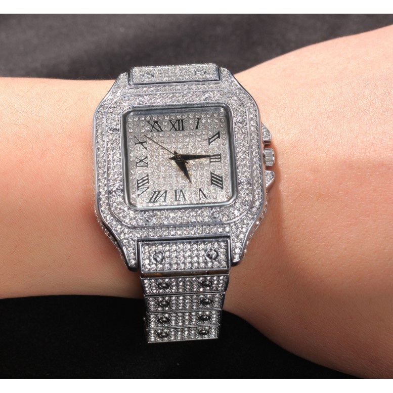 Đồng Hồ Quartz Nam Mặt Vuông Đính Hột Xoàn