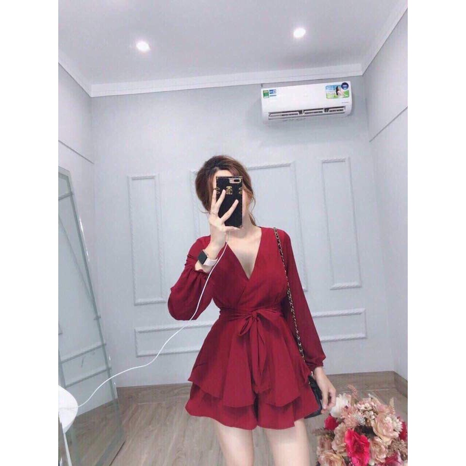 Đầm nữ cổ V thắt nơ nịnh eo 2 tầng vải dày dặn mềm mịn | BigBuy360 - bigbuy360.vn