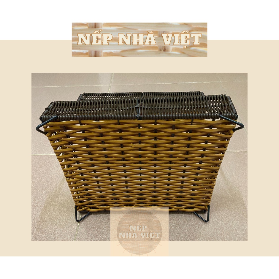 Kệ Chữ Nhật 2 Tầng Đa Năng - Dây Nhựa Màu Nâu Vàng Mây Tre Đan, Đựng Hoa Quả, Đựng Đồ Decor