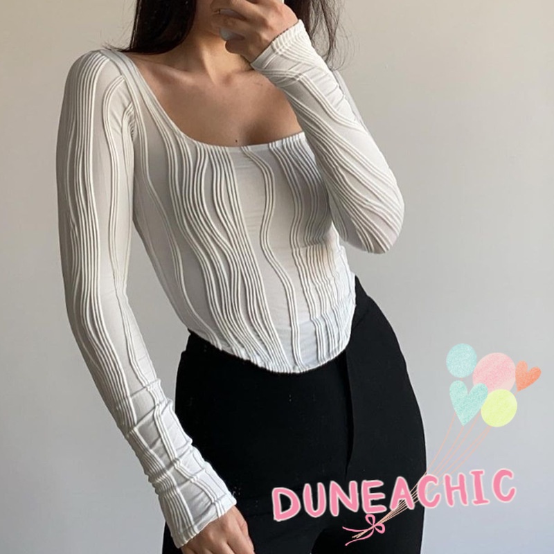 DUNEA Áo Sơ Mi Tay Dài Cổ Chữ U Xếp Ly Thời Trang Cho Nữ