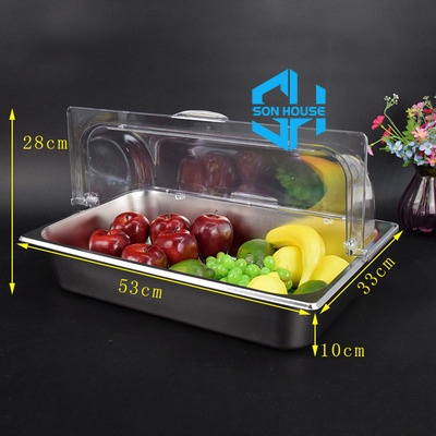 Khay inox hình chữ nhật đựng rau củ, hải sản tươi sống, đồ ăn nấu chín có nắp đậy kín trong suốt cho nhà hàng siêu thị