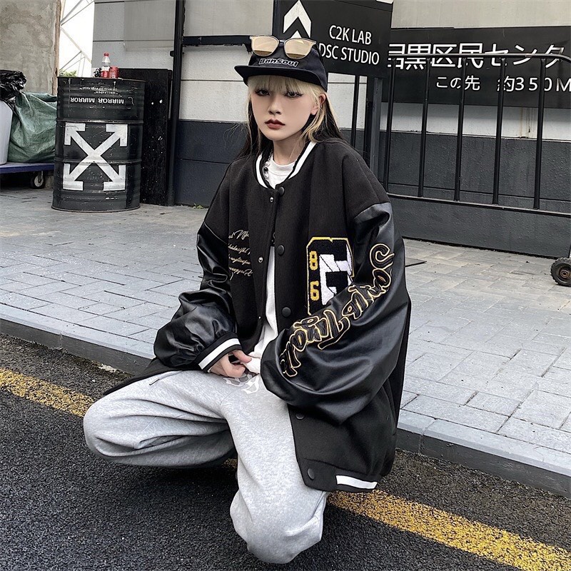 Khoác Bomber Nỉ Phối Da Số 86 Chữ G Dáng Rộng Da Viền Cổ Nam Nữ Basic
