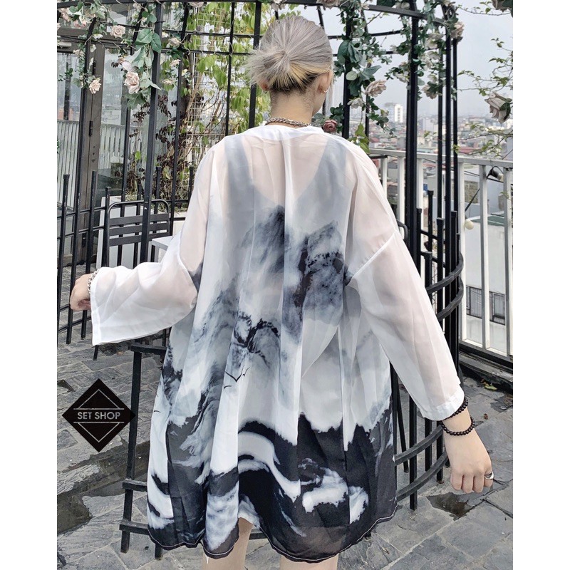 Áo kimono voan hoạ tiết