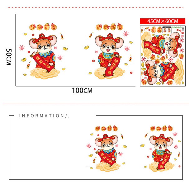 Decal trang trí Tết - Chuột cầm tờ Liễu chúc Tân Xuân