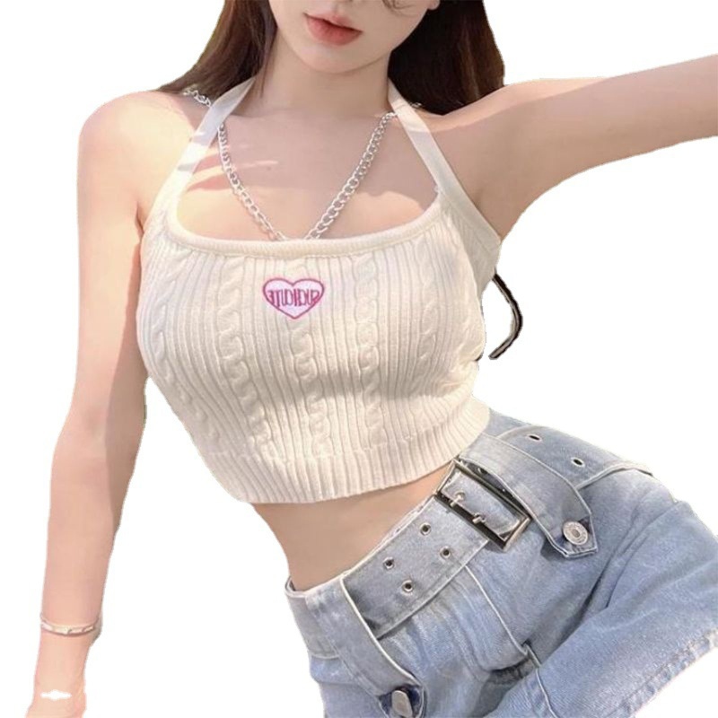Áo Croptop Dệt Kim Không Tay Thêu Hình Trái Tim Quyến Rũ Cho Nữ