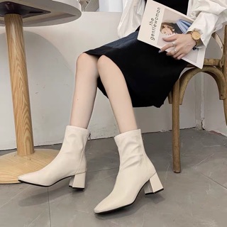 Giày boots cổ thấp mũi vuông, cổ may chỉ, 5p (có ảnh thật)