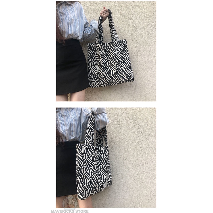 Túi Xách Đeo Vai Vải Bạt Cỡ Lớn Họa Tiết Ngựa Vằn Thời Trang Hàn Quốc Dành Cho Nữ