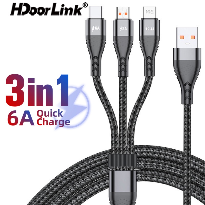 Dây cáp sạc nhanh HDOORLINK 3 trong 1 6A/ 5A cổng Micro USB Type C Lightning thích hợp cho Huawei Samsung