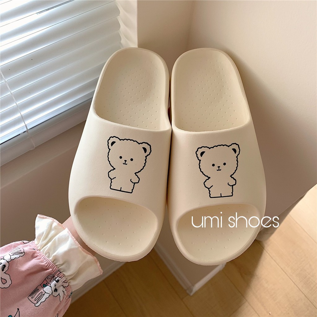 [LOẠI 1-ĐẾ DÀY] Dép bánh mì ulzzang quai ngang đế bằng cao 4cm hình gấu cute đơn giản màu đen/kem/hồng mới xinh đẹp hot