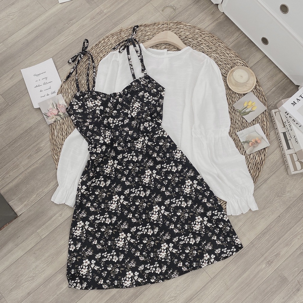 Váy hai dây hoa nhí có cúp ngực mic áo somi tay bồng tiểu thư bánh bèo hàng đẹp có size by Minxxy