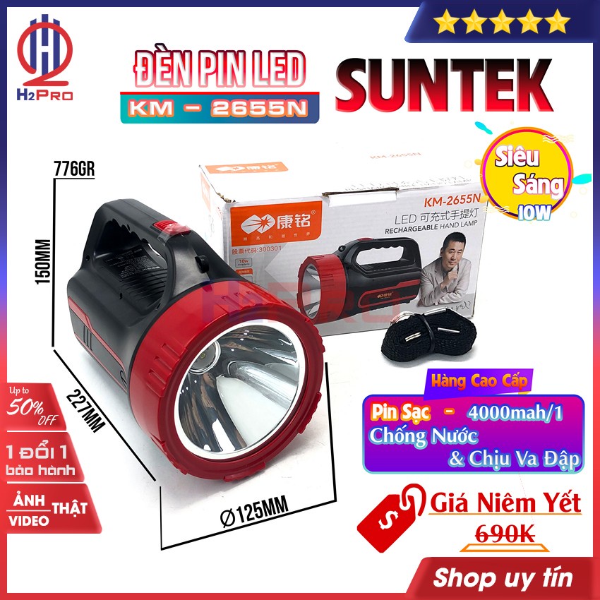 Đèn pin led siêu sáng Suntek KM-2655N H2Pro cao cấp Led 10W-pin sạc 4000mah-chống nước-chịu va đập (1 chiếc),chiếu xa