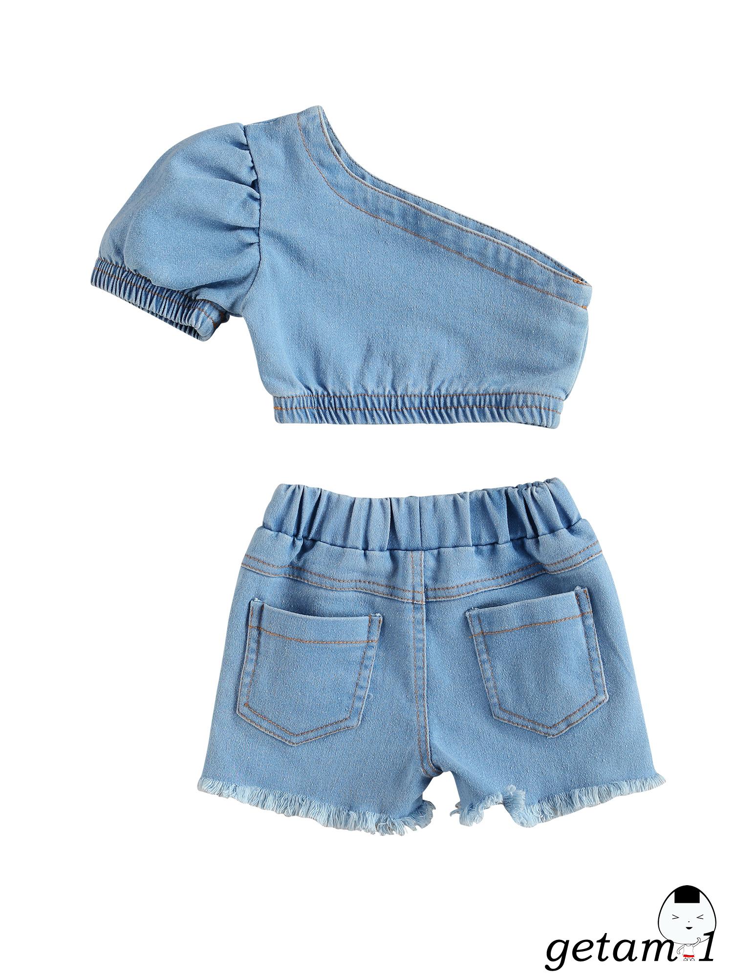 Set Áo Trễ Vai Và Quần Short Denim Đáng Yêu Cho Bé Gái