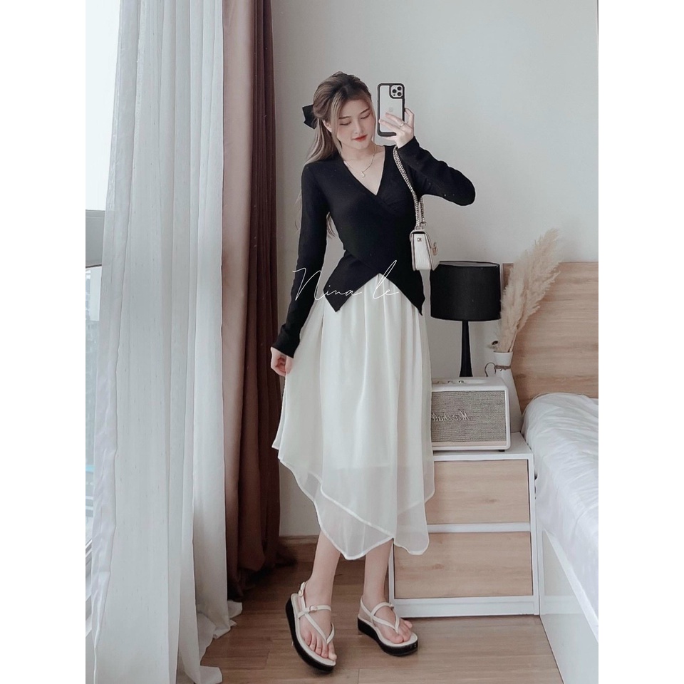 Set Áo Cổ Tim Tay Dài Vạt Chéo Tà Và Chân Váy Có Lót