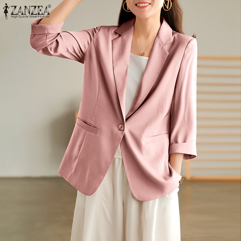 Áo khoác blazer ZANZEA bằng satin tay dài cổ lật xuống có nút gài thời trang công sở cho nữ