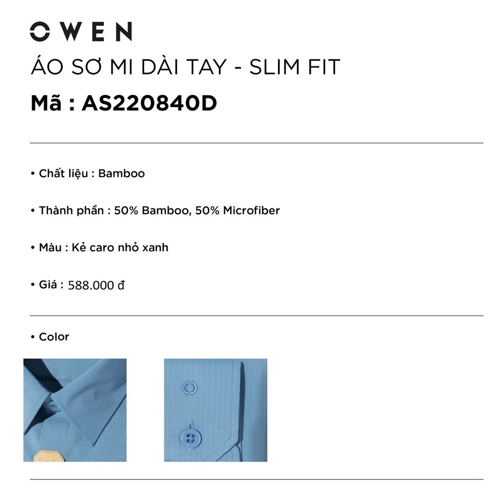 Áo Sơ Mi Nam Dài Tay OWEN AS220840D Somi Công Sở Vải Sợi Tre Cao Cấp Màu Caro Nhỏ Xanh Dáng Slim Fit Tà Lượn Không Túi