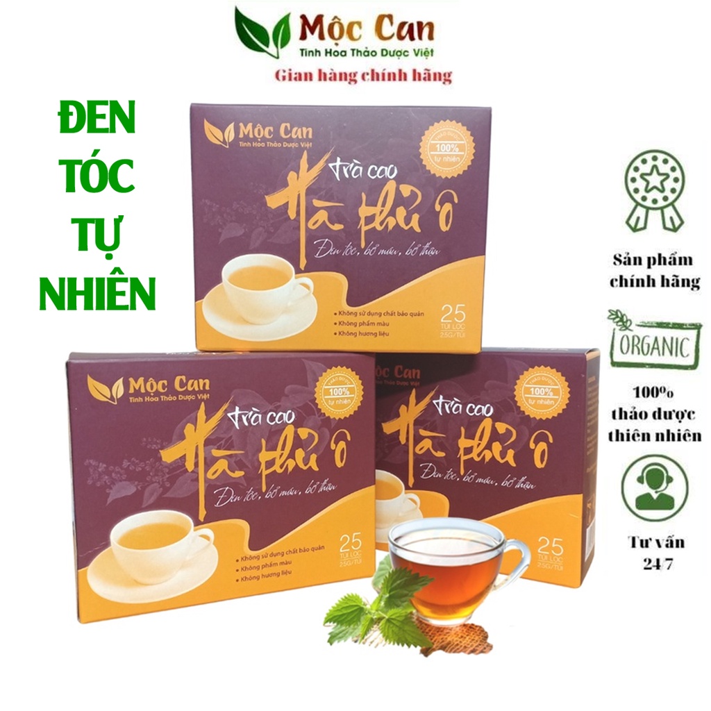 Trà Cao Hà thủ ô kích mọc tóc, cải thiện tóc bạc, giảm rụng tóc, bổ máu, tăng cường sức khỏe Mộc Can hộp 25 túi lọc