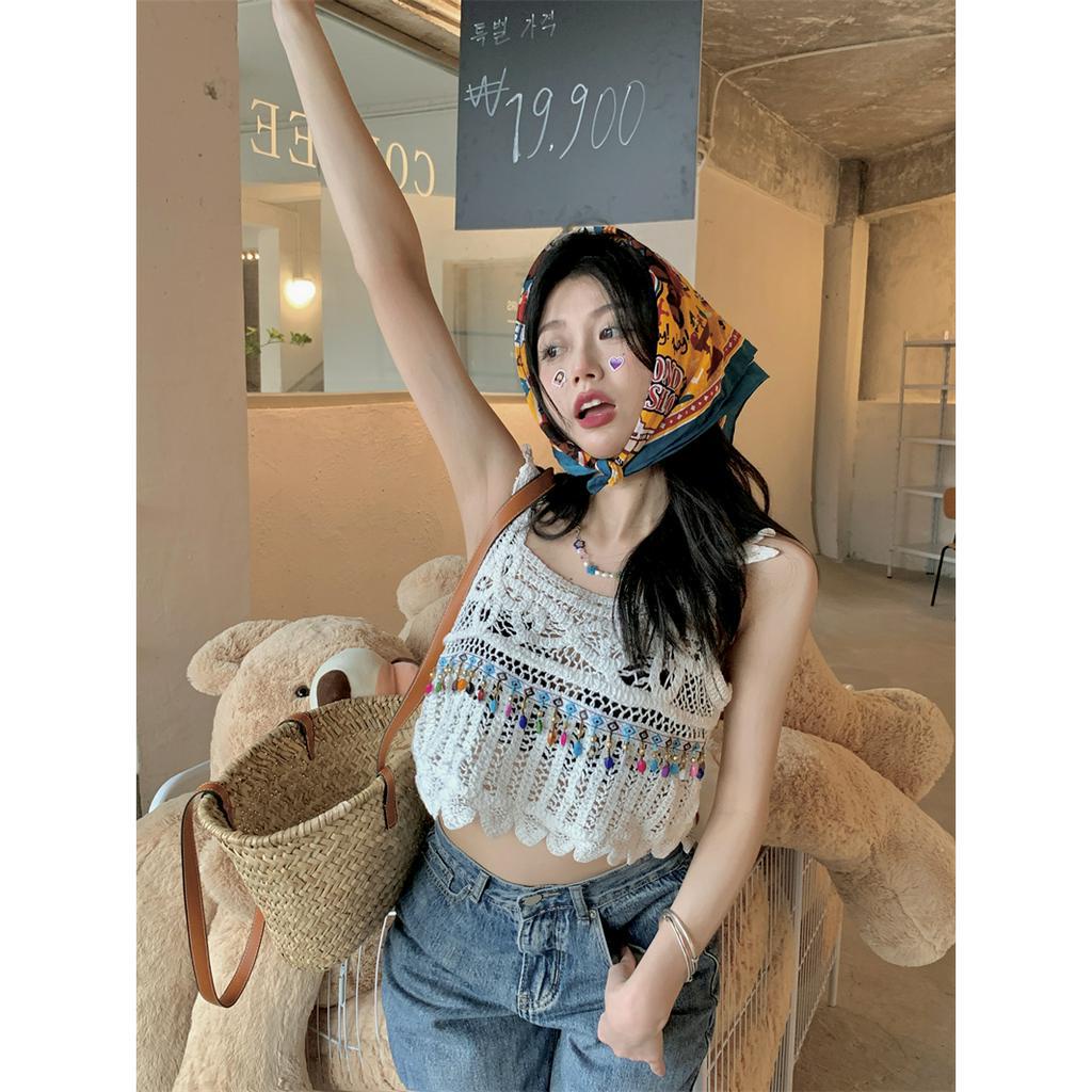 [Augustcloth] Áo 2 dây bản to len móc đính hạt cườm